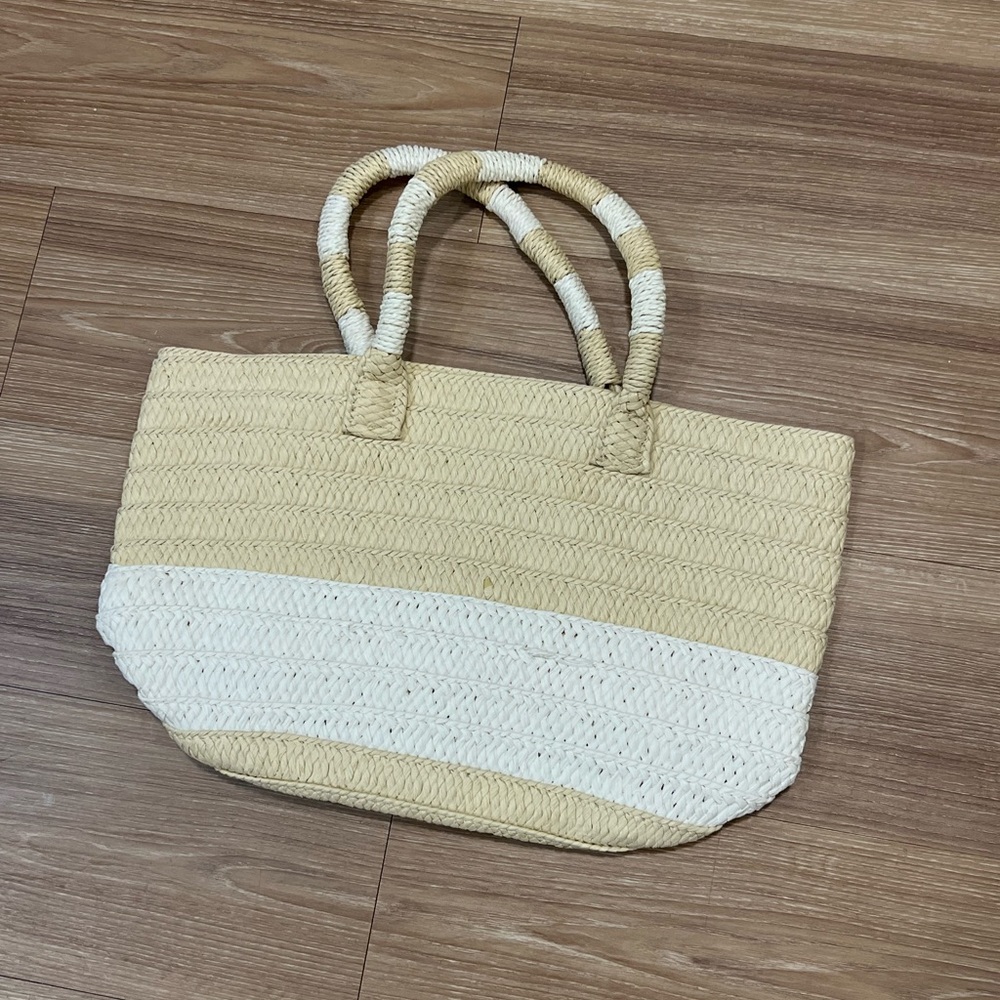 Altru New Stripped Straw Tote HandBag Light Beige